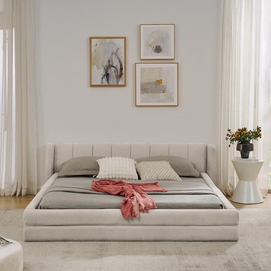Re-purelife Modern Tweepersoonsbed Frame 160x200 cm Bedbodem Zonder Matras Stevig Eucalyptus & IJzer Frame Max. Belasting 300 kg Laag en Makkelijk Opstaan Zachte Chenille Stof Slaapkamer Meubels Makkelijk te Monteren Beige