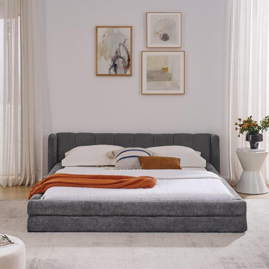 Re-purelife Modern Tweepersoonsbed Frame 160x200 cm Bedbodem Zonder Matras Stevig Eucalyptus & IJzer Frame Max. Belasting 300 kg Laag en Makkelijk Opstaan Zachte Chenille Stof Slaapkamer Meubels Makkelijk te Monteren Donkergrijs