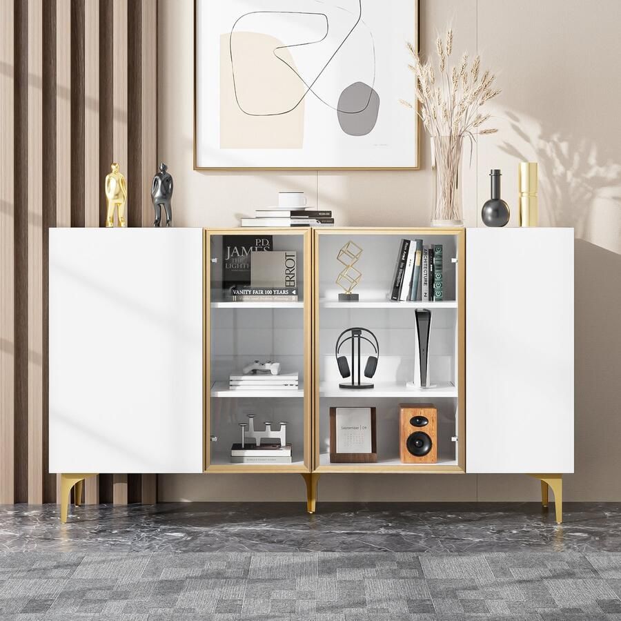 Re-purelife Modern Wit Dressoir met 4 Deuren & Glas – 150x38x85 cm – Hoogwaardig Sideboard met Veel Opbergruimte Greeploos Design & Industriële Metalen Poten voor Woonkamer of Eetkamer
