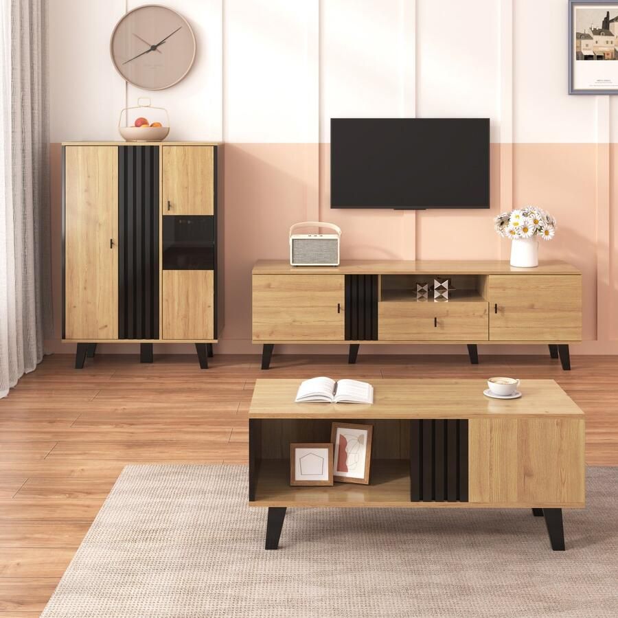 Re-purelife Modern Woonkamer Meubel Set 3-Delig met veel Opbergruimte Salontafel 100x60x45 cm TV Meubel 170x40x50 5 cm & Sideboard met LED Verlichting 80x40x120 cm Zwart Eiken Stijlvol & Stevig