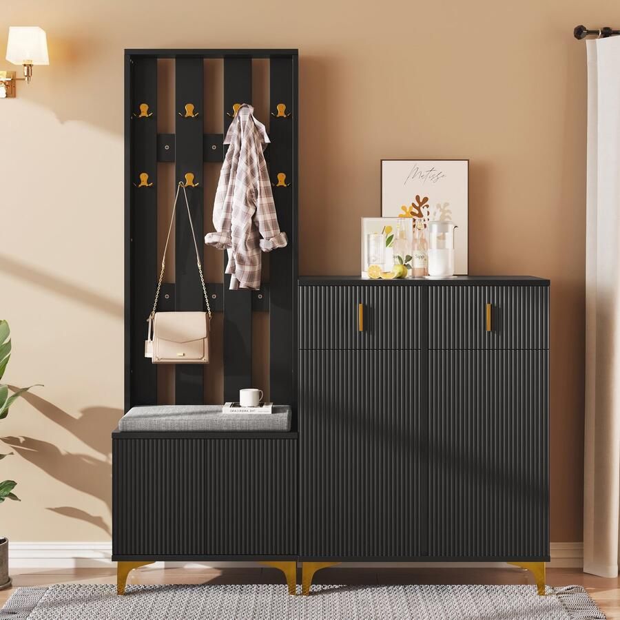 Re-purelife Moderne Garderobe Set van 2 Schoenenkast met 2 Laden & 2 Deuren + Kapstok met Kussen Gangmeubel & Meubel voor de Hal Compact Design 60 5x35 2x180 5 cm & 83x35x101 cm Zwart