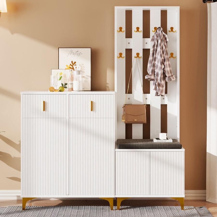 Re-purelife Moderne Garderobe Set van 2 Schoenenkast met 2 Laden & 2 Deuren + Kapstok met Kussen Gangmeubel & Meubel voor de Hal Compact Design 60 5x35 2x180 5 cm & 83x35x101 cm Wit