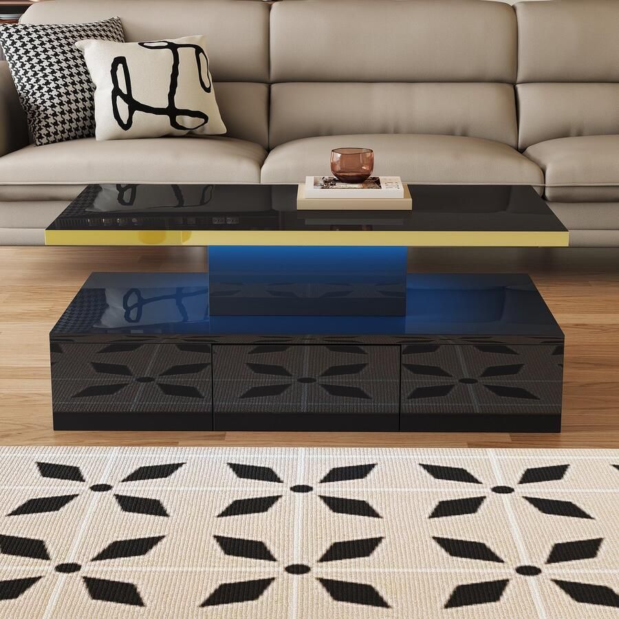 Re-purelife Moderne Hoogglans Salontafel met Opbergruimte & LED – 100x50x38 5 cm – Koffietafel met Lade & 2 Opbergniveaus – Bijzettafel Design Meubel voor Woonkamer – Zwart