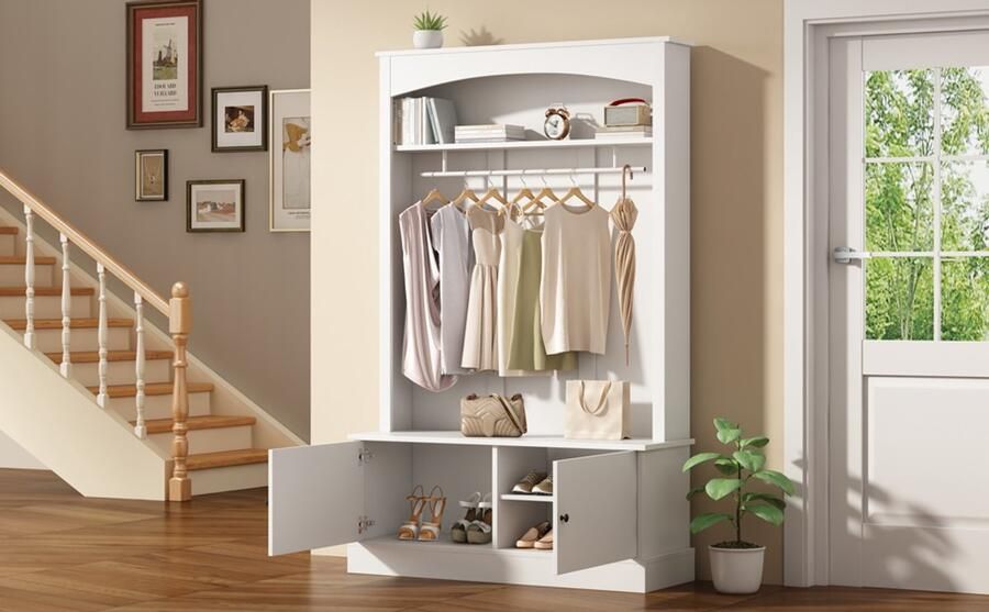 Re-purelife Moderne Kapstok met Schoenenbank & Kast Wit 120x40x190 cm – 5-in-1 Garderobekast met Kledingroede Opbergvakken & Verstelbare Planken – Ruimtebesparend & Stevig - Foto 2