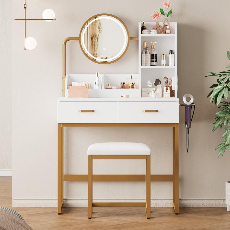 Re-purelife Moderne Kaptafel met LED Verlichting Spiegel Stopcontacten & USB – Make-up Tafel met Krukje – 2 Lades + 2 Open Vakken – Goudkleurige Metalen Poten – 80 x 40 x 138 5 cm – Goud & Wit