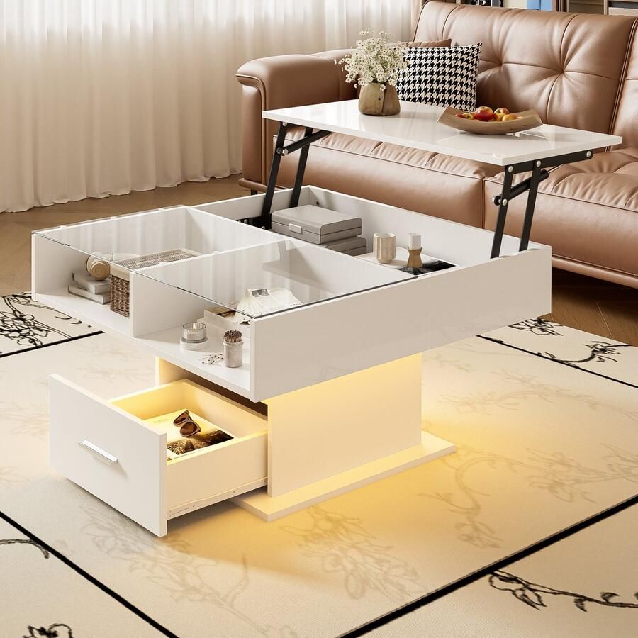Re-purelife Moderne Salontafel met Lift & LED Verlichting Multifunctioneel met Opbergruimte en Bluetooth App Bediening Hoogte Verstelbaar 78x78x45.5-59.5 cm Elegant Glossy Design voor Woonkamer en Kantoor Wit