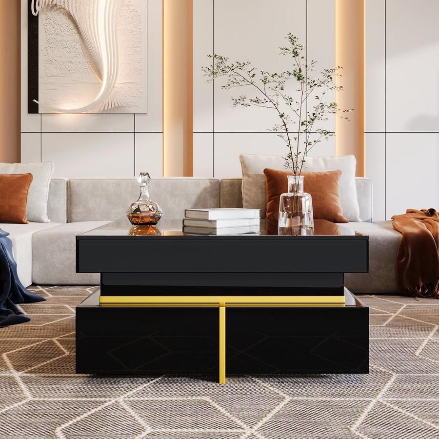Re-purelife Moderne Salontafel met Opbergruimte Hoogglans Salontafel met Gouden Accenten & 2 Laden Elegant en Stijlvol Woonkamer Meubel 70x70x35.5 cm Zwart