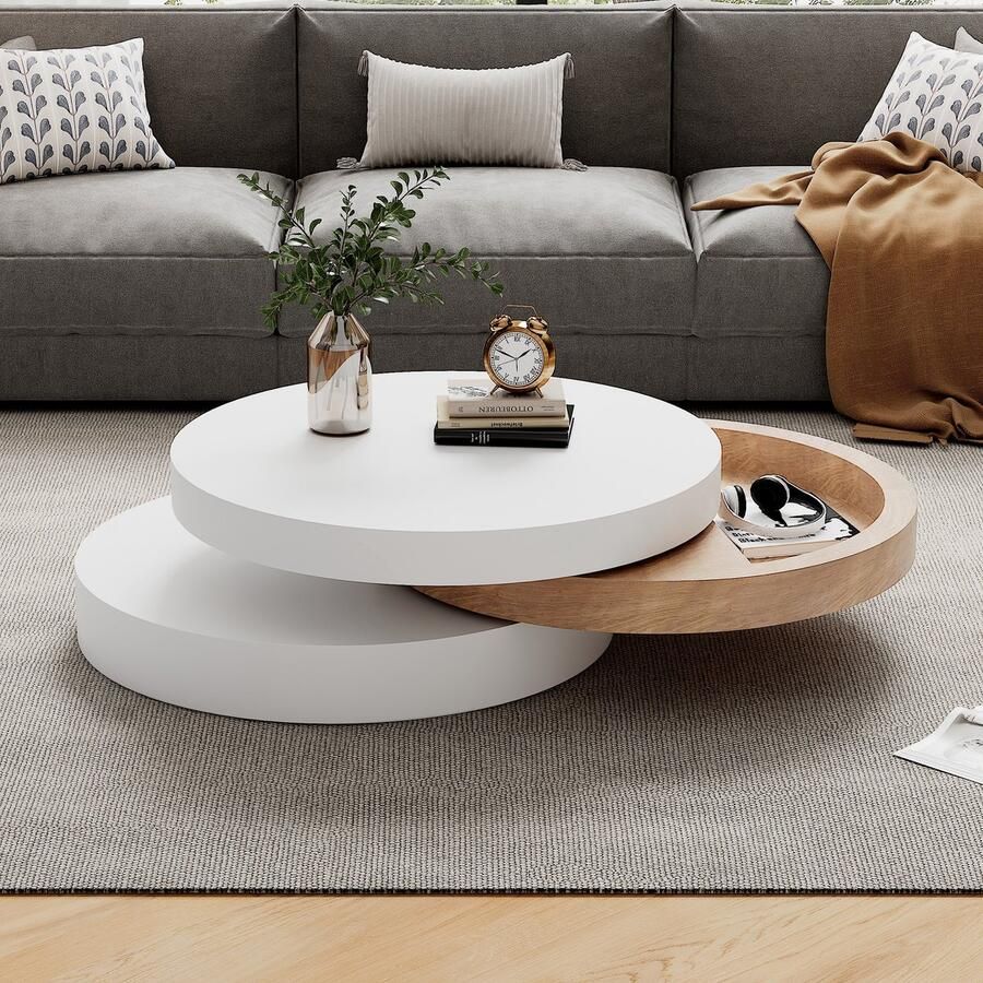 Re-purelife Moderne Salontafel Wit + Hout 60x60x35 cm – 360° Draaibare Koffietafel met 3 Lagen & Verborgen Opbergruimte – Elegant & Ruimtebesparend Rond Design kindvriendelijk