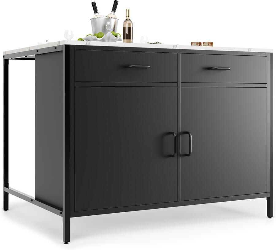 Re-purelife Moderne Stehtafel met Marmerlook – Duurzaam & Stevig – Verstelbare Poten & Planken – Keukeneiland Koffiebar Bartafel – Eenvoudig te Monteren – Zwart 100×90×90 cm