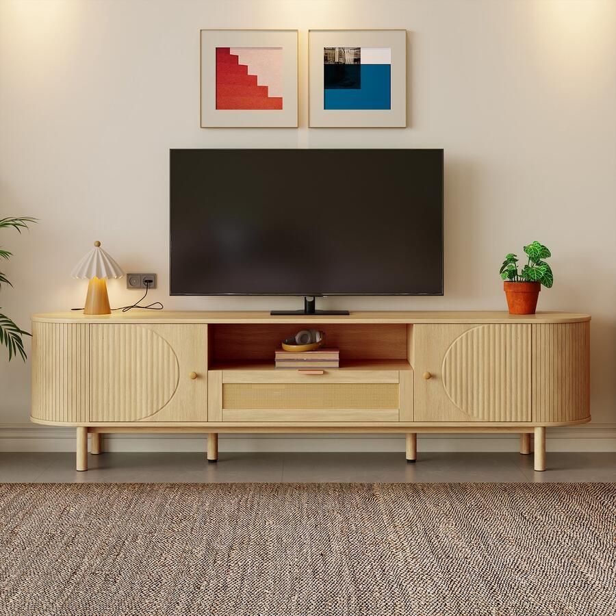 Re-purelife Moderne TV Kast met veel Opbergruimte 175x36x51 cm – TV Meubel met Rattan Lade Open Vakken & Afgeronde Hoeken – Dressoir met Kabeldoorvoer & Stevige Metalen Poten in Houtlook – Woonkamer Opbergkast
