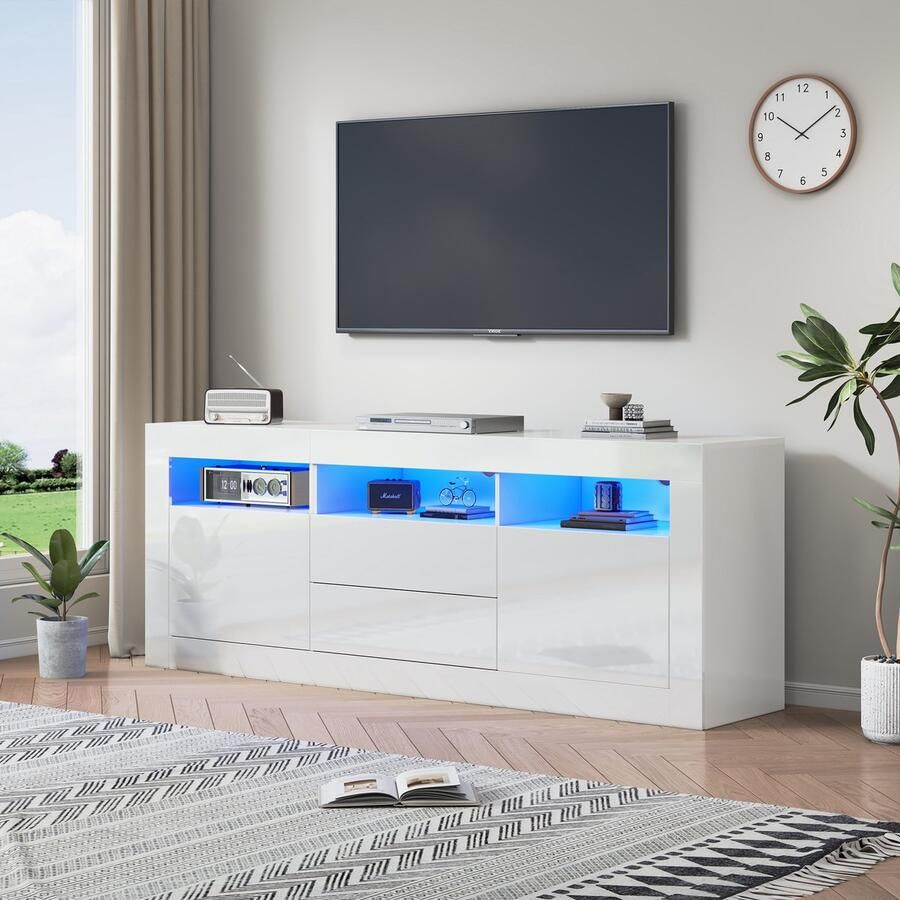 Re-purelife Moderne TV Meubel Hoogglans Wit met LED – 160x35x60 cm – App Bediening – Push-to-Open Lades – TV Kast met Open Vakken en Deuren – Stijlvolle Opbergkast