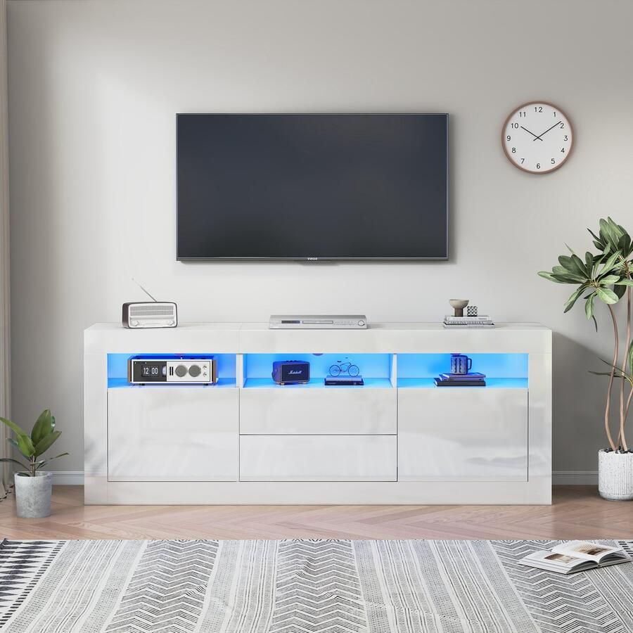 Pugsdrly 160*35*60 cm hoogglans tv-kast met ledverlichting 3 open vakken 2 deuren 2 lades smart app-bediening voor 70 inch tv hoogglans tv-standaard