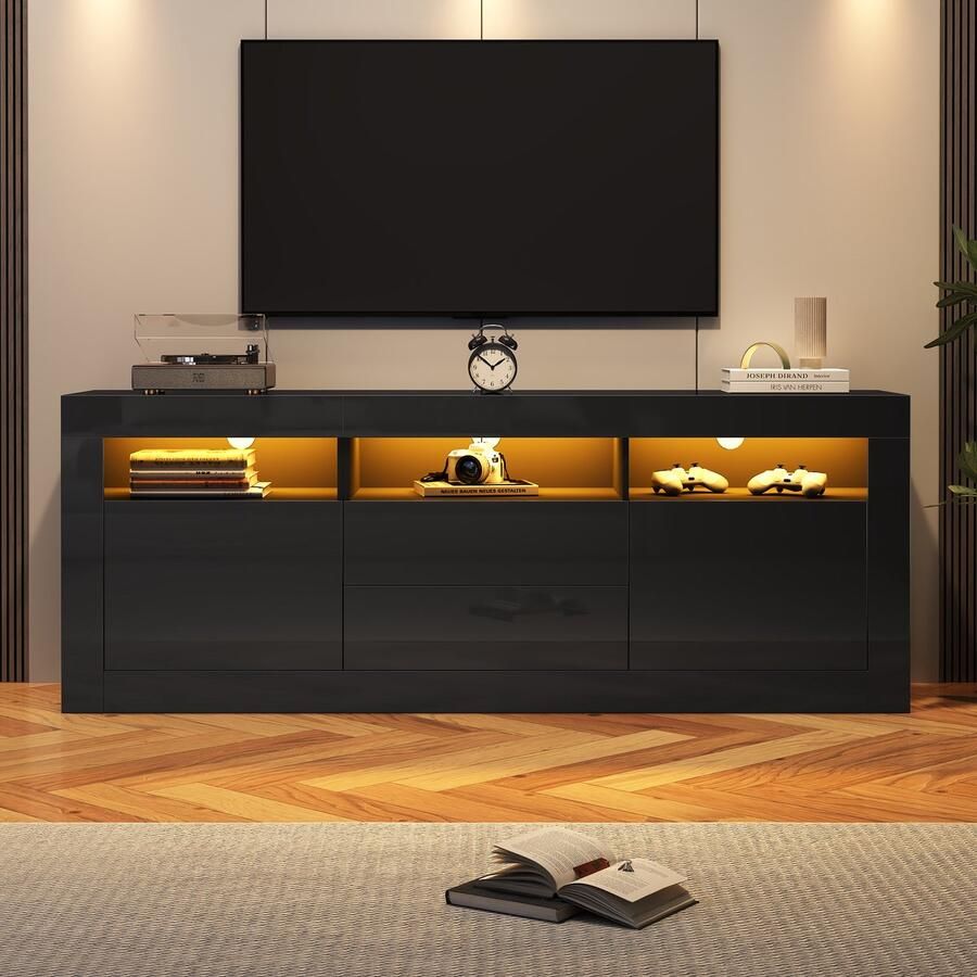 Pugsdrly 160*35*60 cm hoogglans tv-kast met ledverlichting 3 open vakken 2 deuren 2 lades smart app-bediening voor 70 inch tv's hoogglans tv-standaard