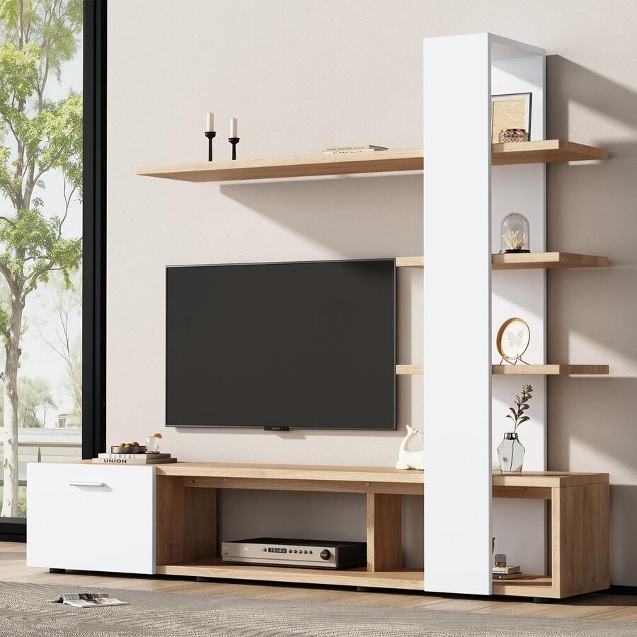 Re-purelife Moderne TV-meubel set 180 × 33 5 × 151 5 cm – TV kast met open en gesloten opbergruimte – stevige houten constructie – woonkamer wandmeubel – Wit & Natuur