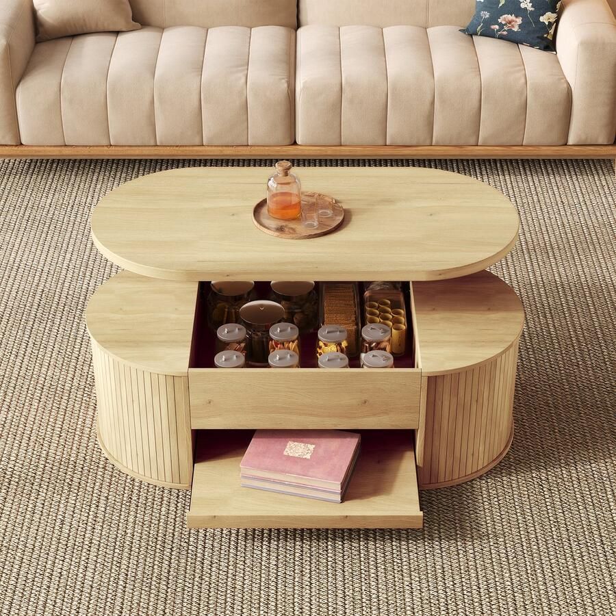 Re-purelife Moderne Verstelbare Salontafel met Veel Opbergruimte 110x55 5x40 cm – Houten Koffietafel met Anheb¬baar Tafelblad Verborgen Opbergruimte & Uittrekbaar Rek – Multifunctioneel Woonkamer Meubel – Natuurlijk Hout