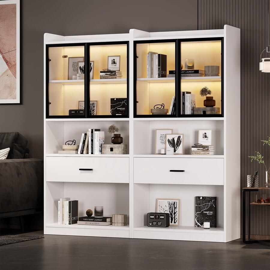 Re-purelife Moderne Vitrinekast 160x35x153 cm Wit met Zwarte Accenten – LED Verlichting 16 Kleuren Glazen Push-to-Open Deuren Grote Lade & Verstelbare Planken – Stijlvolle Opbergkast & Boekenkast voor Woonkamer & Kantoor