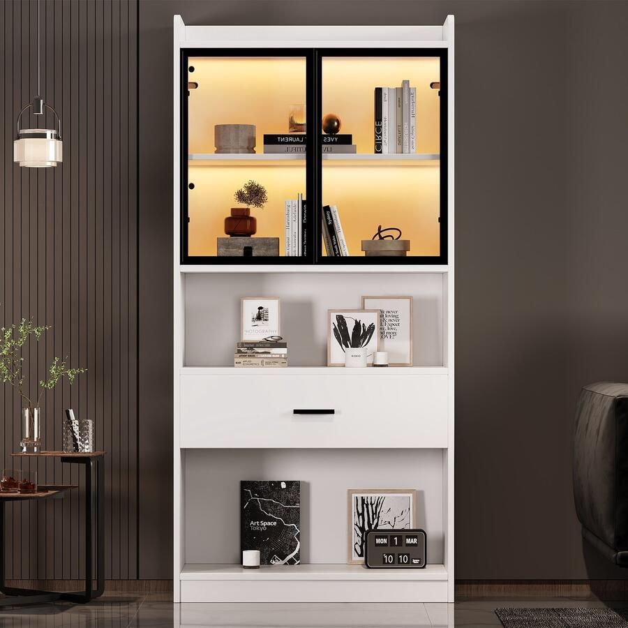 Sweiko Vitrinekast met LED-verlichting Glazen deuren Grote lade Wit