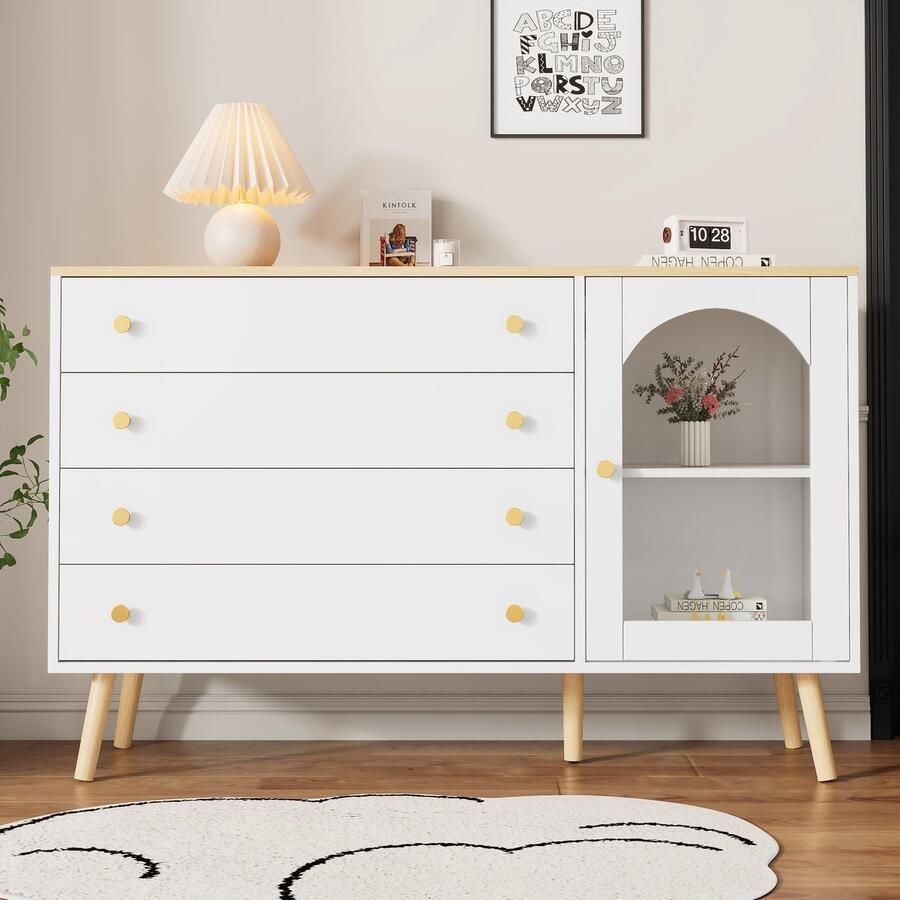 Sweiko Commode Ladekast 4 laden Modern 40*120*77.5 cm Wit+Natuurlijk