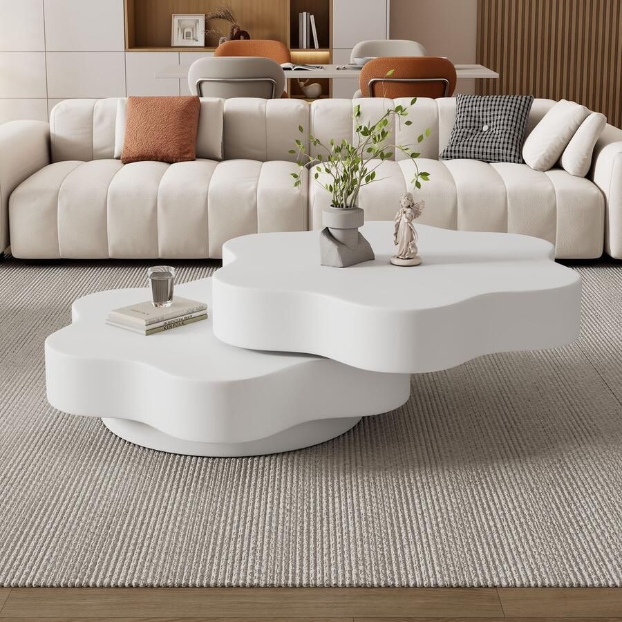 Re-purelife Moderne Witte Salontafel Bloemvorm 74 8x67 5x31 cm – 360° Draaibare Tafel met 2 Lagen Uniek Design Kindvriendelijk & Ruimtebesparend MDF – Elegant & Multifunctioneel