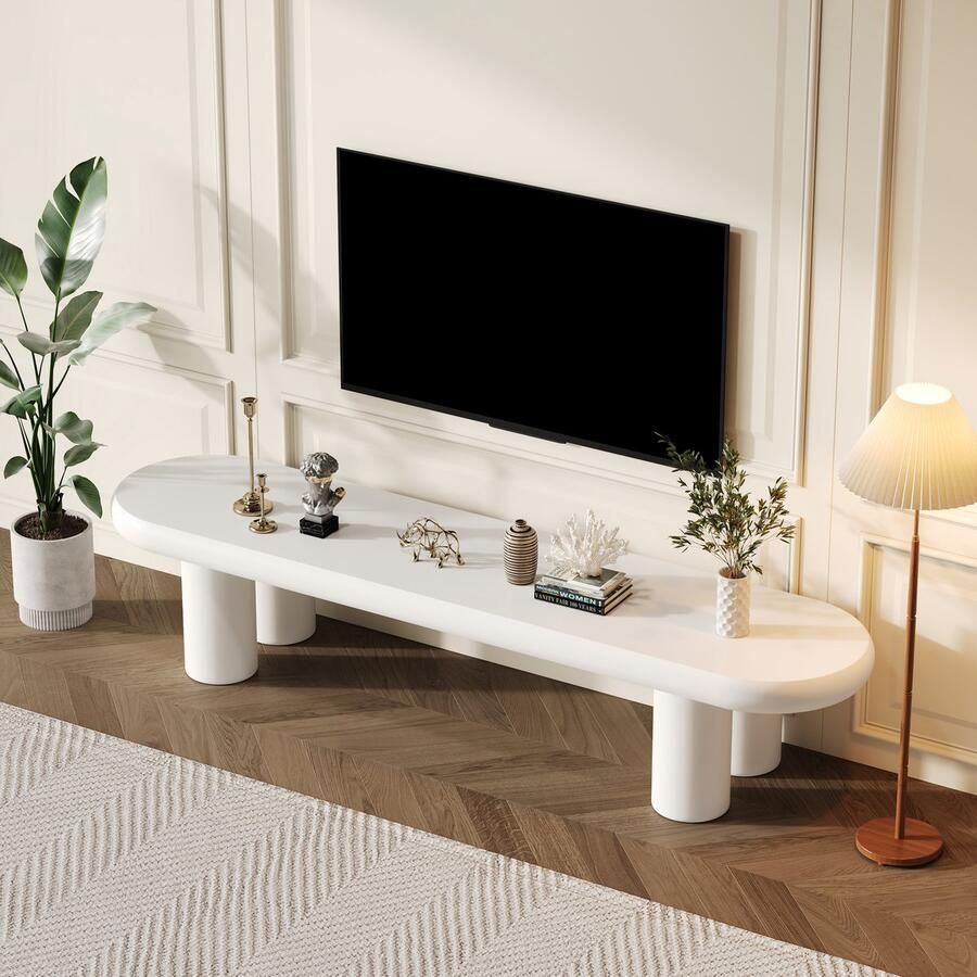 Re-purelife Moderne Witte TV Kast met Afgeronde Hoeken – Veilig & Kindvriendelijk – 160x40x40 cm – Compact Woonkamer TV Meubel– Stabiel Eenvoudig te Monteren & Schoon te Maken