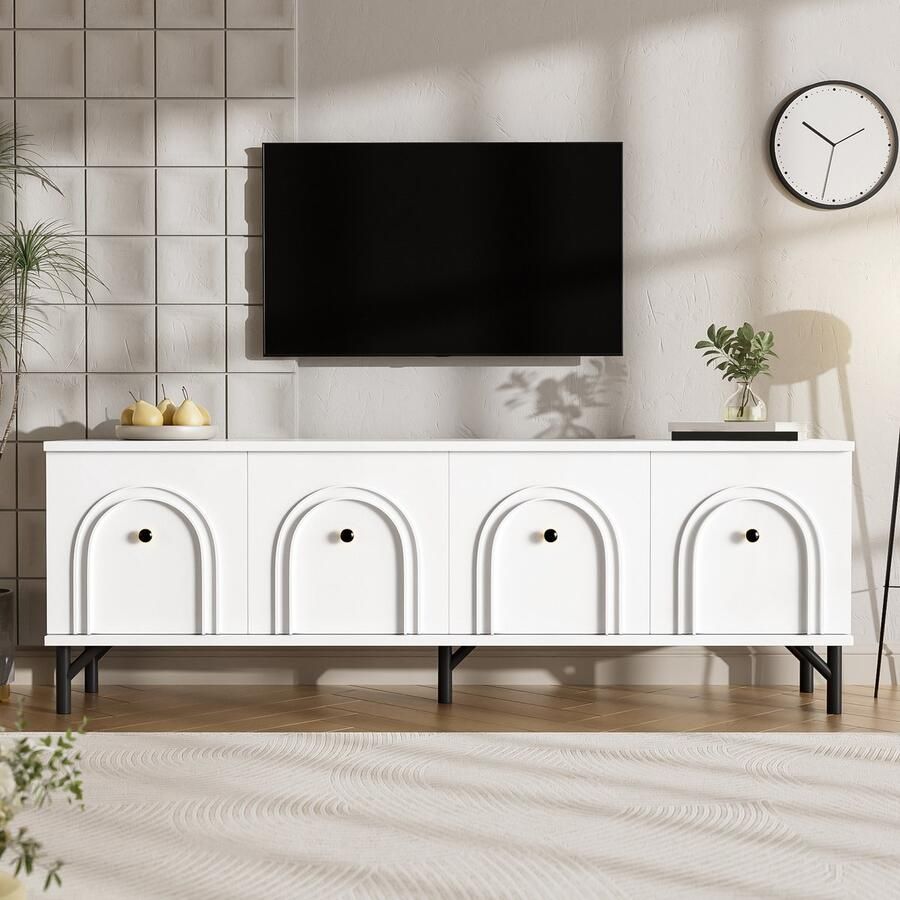 Re-purelife Moderne Witte TV Kast Stijlvol Woonkamer Meubel met 4 Deuren & Soft-Close TV Meubel met Veel Opbergruimte 160x38x55 cm Mediacenter met Kabelmanagement