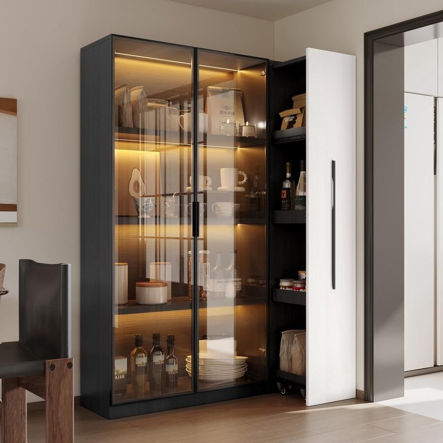 Re-purelife Multifunctionele Kast 110x35x160 cm Luxe Vitrine met LED Verlichting & Uitschuifbaar Zijrek Boekenkast met Glazen Deur Moderne Opbergkast voor Woonkamer Slaapkamer of Badkamer