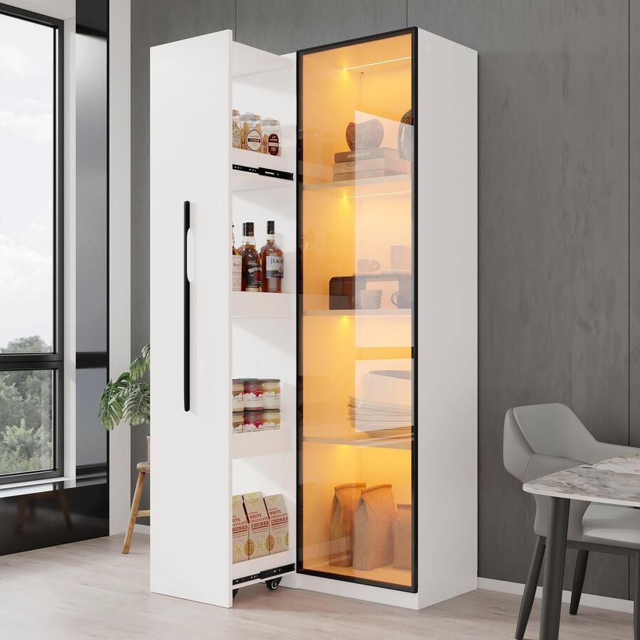 Merax Multifunctionele kast 70x40x160cm boekenkast en vitrine met deuren van gehard glas met zwenkwielen en LED-verlichting