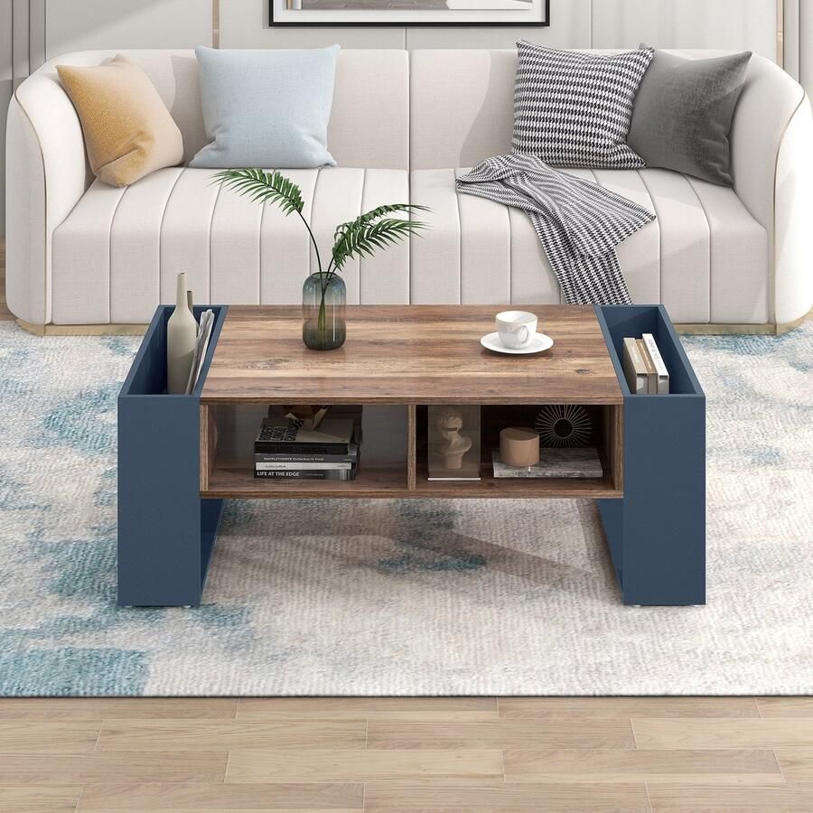 Re-purelife Salontafel met Grote Opbergruimte – Houtlook – Zwarte & Grijze Tafel met Lade Open Vakken en Dubbelzijdige Opbergvakken – Woonkamer Tafel – 111x60x40 cm - Foto 2