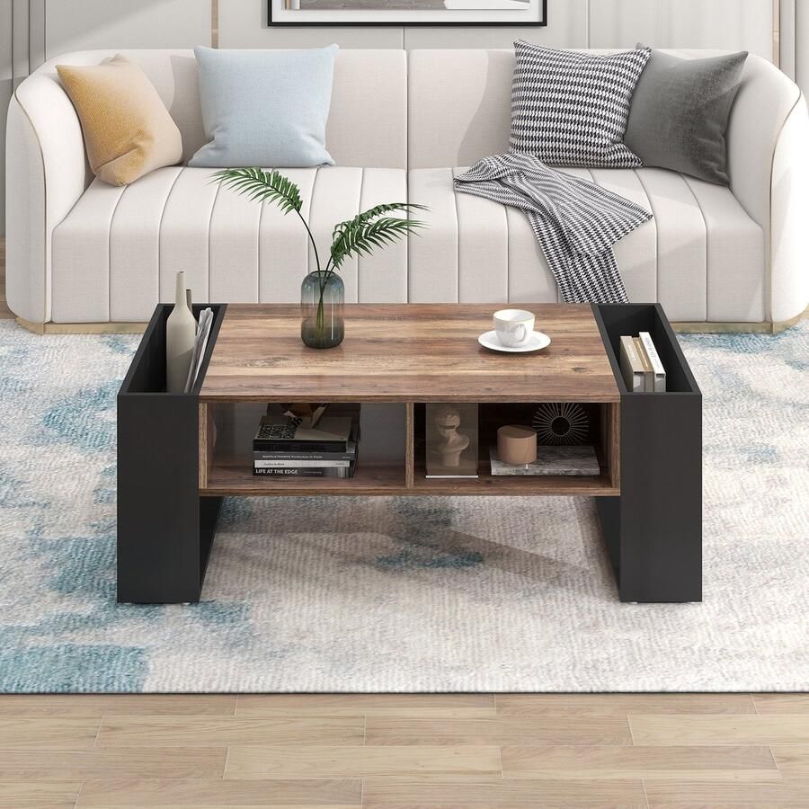 Re-purelife Salontafel met Grote Opbergruimte – Houtlook – Zwarte & Grijze Tafel met Lade Open Vakken en Dubbelzijdige Opbergvakken – Woonkamer Tafel – 111x60x40 cm