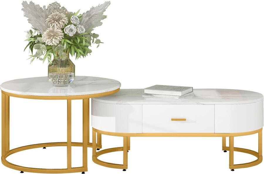 Re-purelife Salontafel Set van 2 met Opbergruimte Wit Marmer Look Goud Kleurig Metalen Frame Grote Tafel 100x48x38 5 cm Kleine Tafel 70x70x44 5 cm Moderne Woonkamertafels Nestelbaar Design