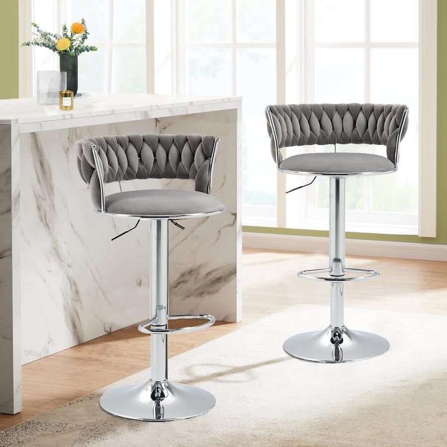 Re-purelife Set van 2 Barstoelen 54x48x98cm – 360° Draaibaar & In Hoogte Verstelbaar – Velvet Barkrukken met Voetsteun – Max. Draagvermogen 150 kg – Stevige Material Stijlvol & Modern Voor Keuken Eetkamer Bar of Woonkamer Grijs