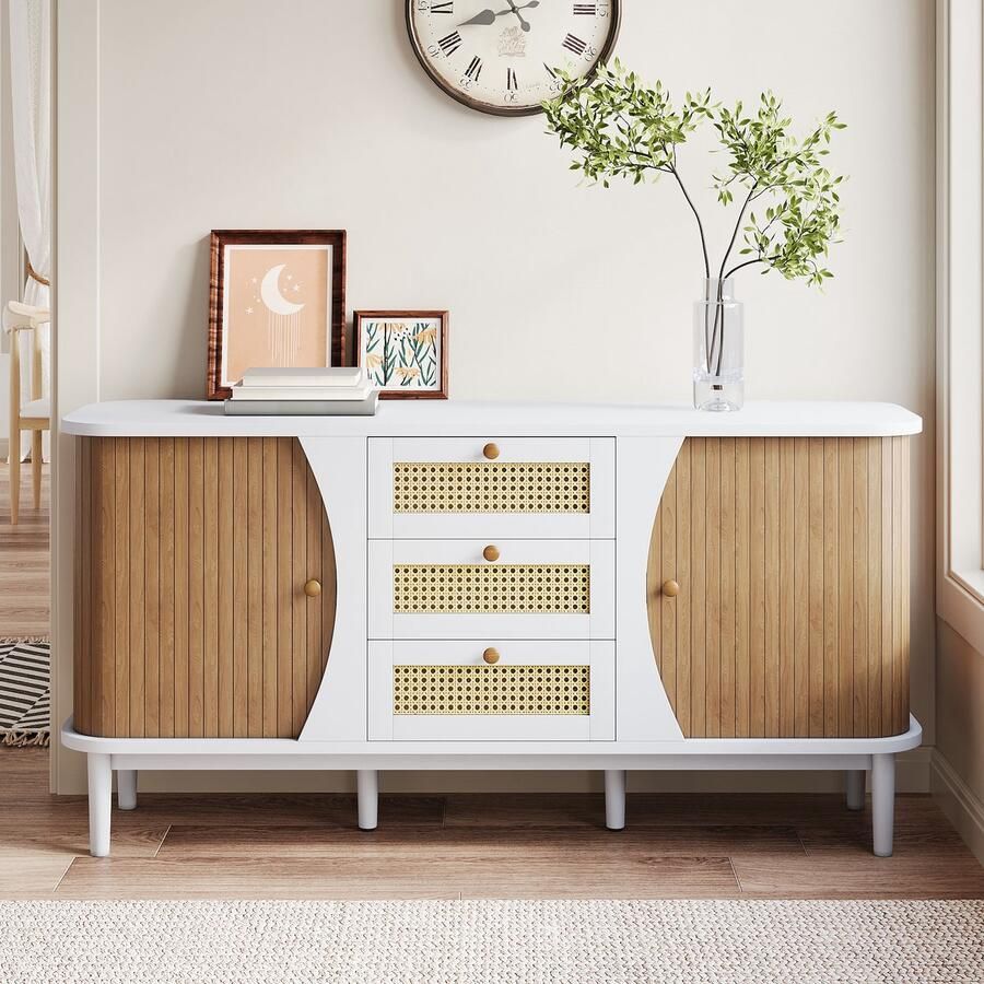 Re-purelife Sideboard met opbergruimte Woonkamer & Eetkamer Kommode Dressoir & Buffetkast 140x40x76 cm Rattan Lades Schuifdeuren en Verstelbare Planken Wit