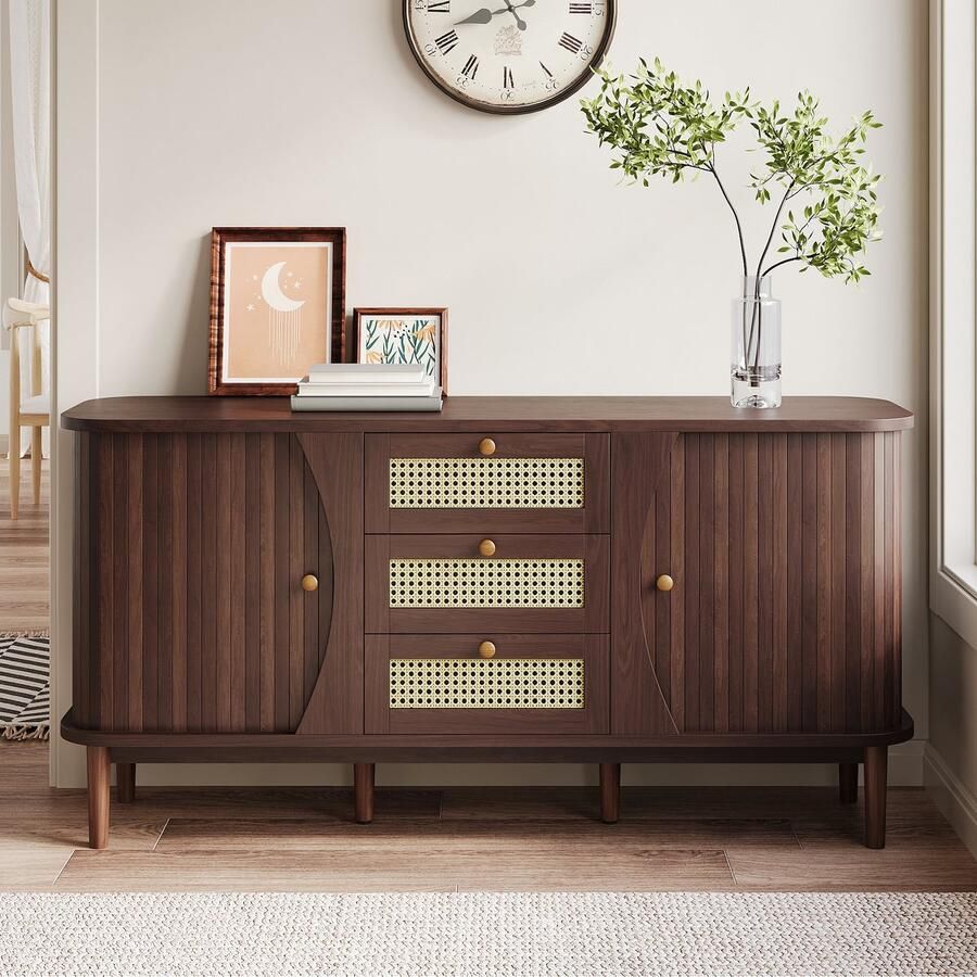 Re-purelife Sideboard met opbergruimte Woonkamer & Eetkamer Kommode Dressoir & Buffetkast 140x40x76 cm Rattan Lades Schuifdeuren en Verstelbare Planken Natuur