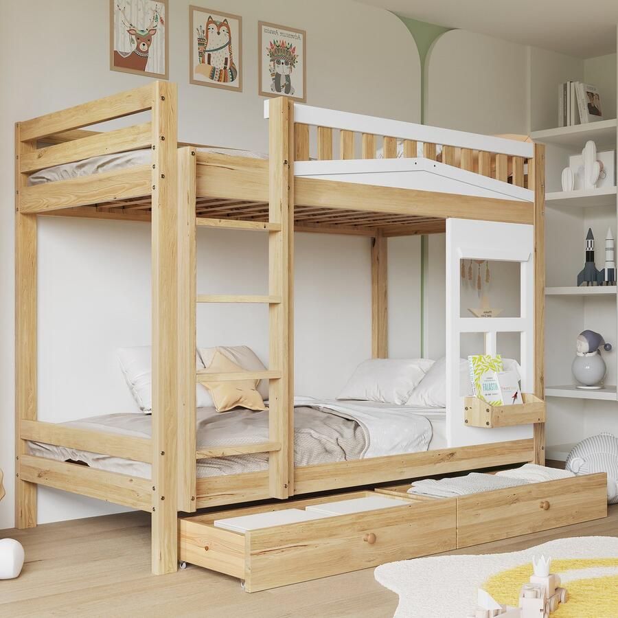 Re-purelife Stapelbed 90x200cm met Opbergruimte – Kinder Hoogslaper met Valbescherming Ramen en 2 Lades – Stevig Houten Frame Etagebed – Wit Naturel