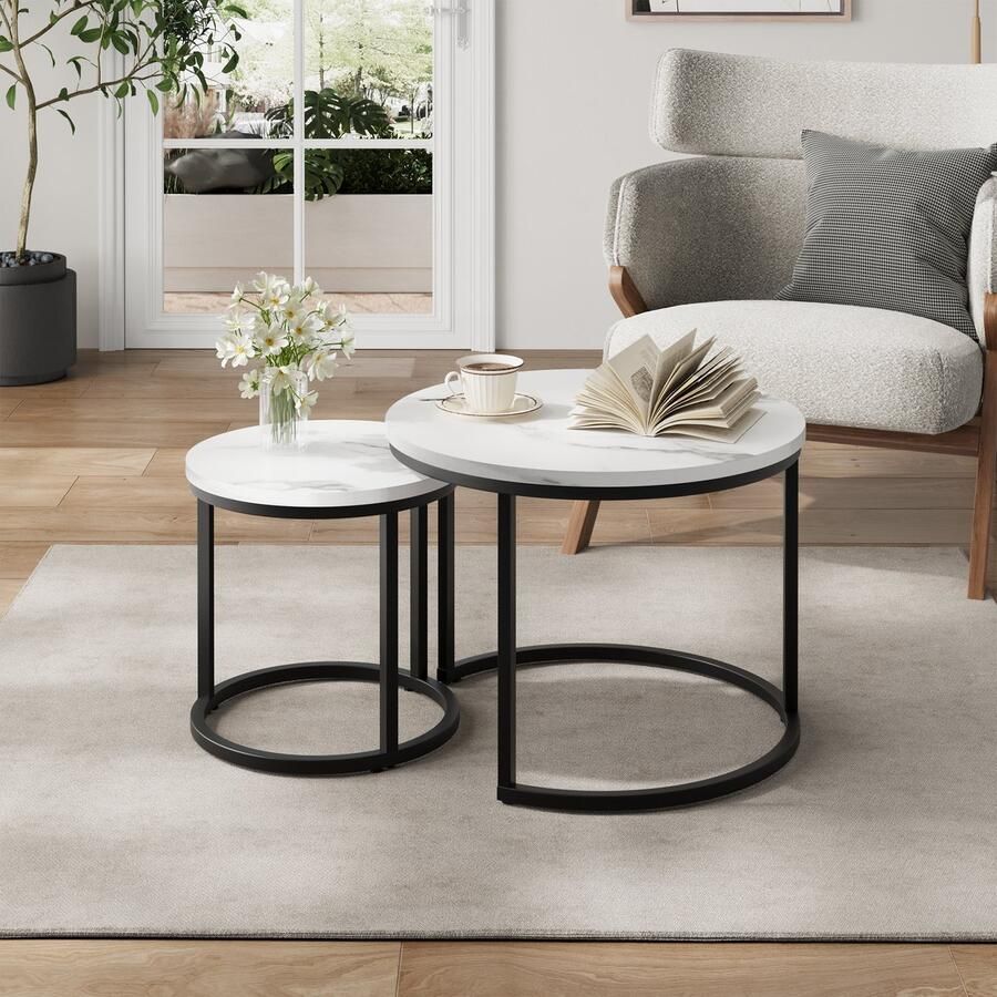 Re-purelife Stevig modern genesteld salontafel set – 2-delig rond salontafel set met metalen frame Ø60cm & 40cm– Moderne tafels voor woonkamer slaapkamer balkon tuin kantoor of kleine ruimtes wit