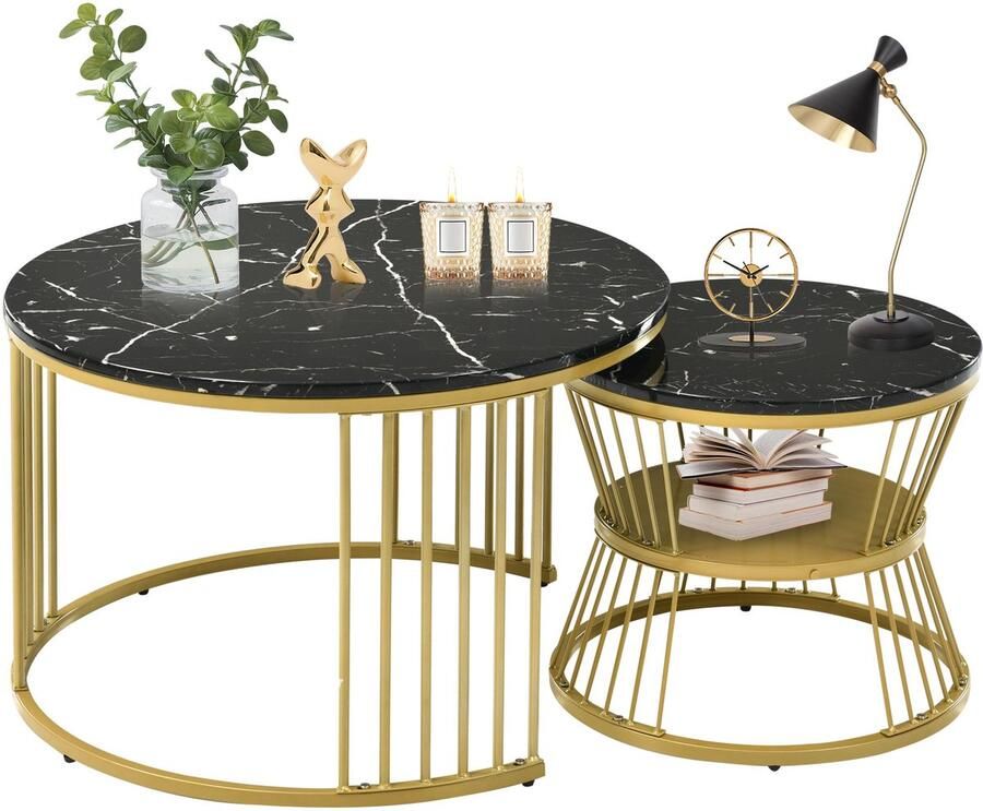 Merax Moderne nesting salontafel set Marmerlook & gouden frame 2 ronde bijzettafels