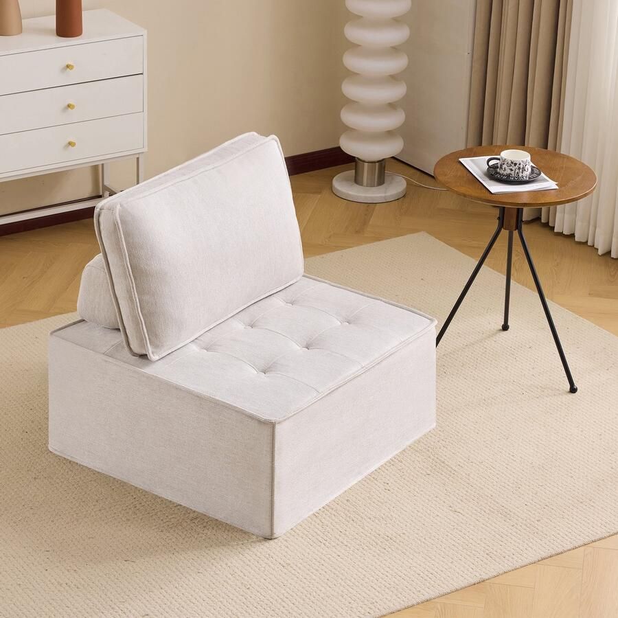 Re-purelife Stijlvol Comfortabel Single Sofa Zitzak 81x81x81 cm – Flexibel & Modulair – Combineerbare Bean Bag voor Woonkamer Slaapkamer of Kinderkamer – Aanpasbaar tot Grote Moderne Bank – Zacht Linnen & Stevig Plywood Beige