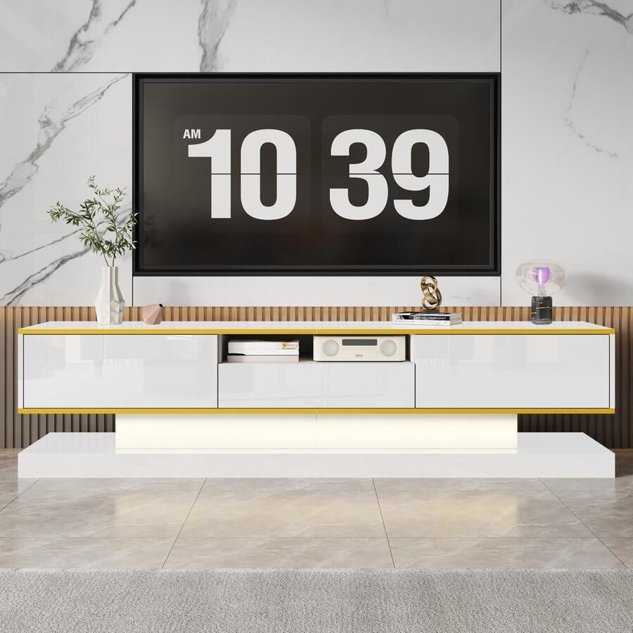 Re-purelife TV Kast 180x38x45cm – Hoogglans TV Meubel met 3 Lades Open Vakken & LED Verlichting – Modern TV Dressoir voor Woonkamer – Kabelopbergkast met Greeploos Design – Wit