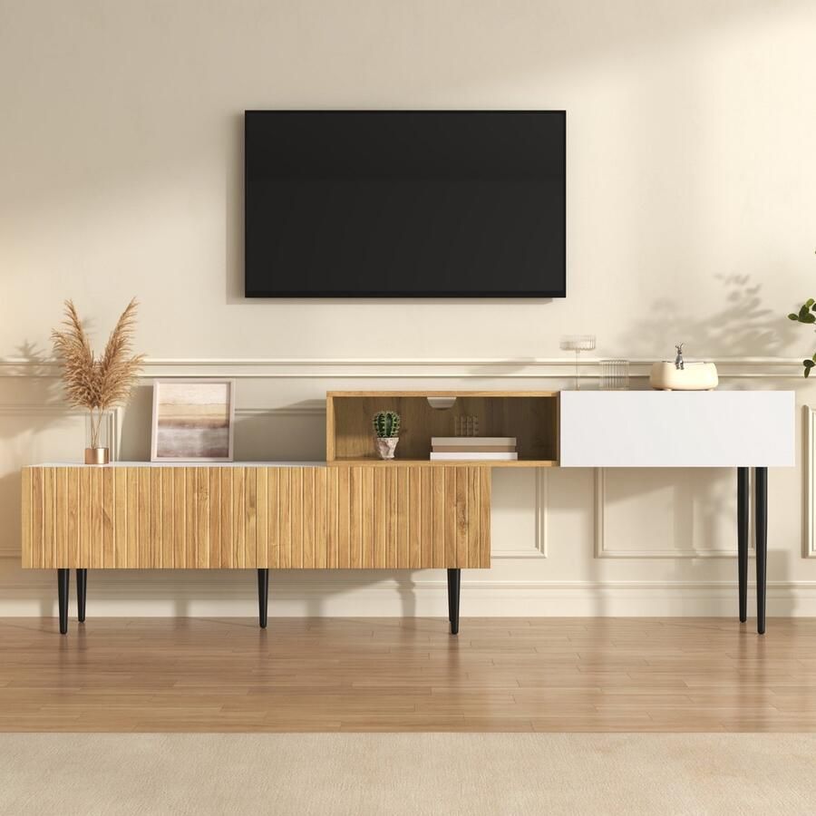 Re-purelife TV Kast Modulair 2-Delig – Verstelbare Lengte – Houtlook & Donker Hout & Zwart – Zwarte Metalen Poten – 120+120 x 30 x 58 cm – Simpel Natuurlijk & Modern – Ideaal voor Woonkamer of Slaapkamer