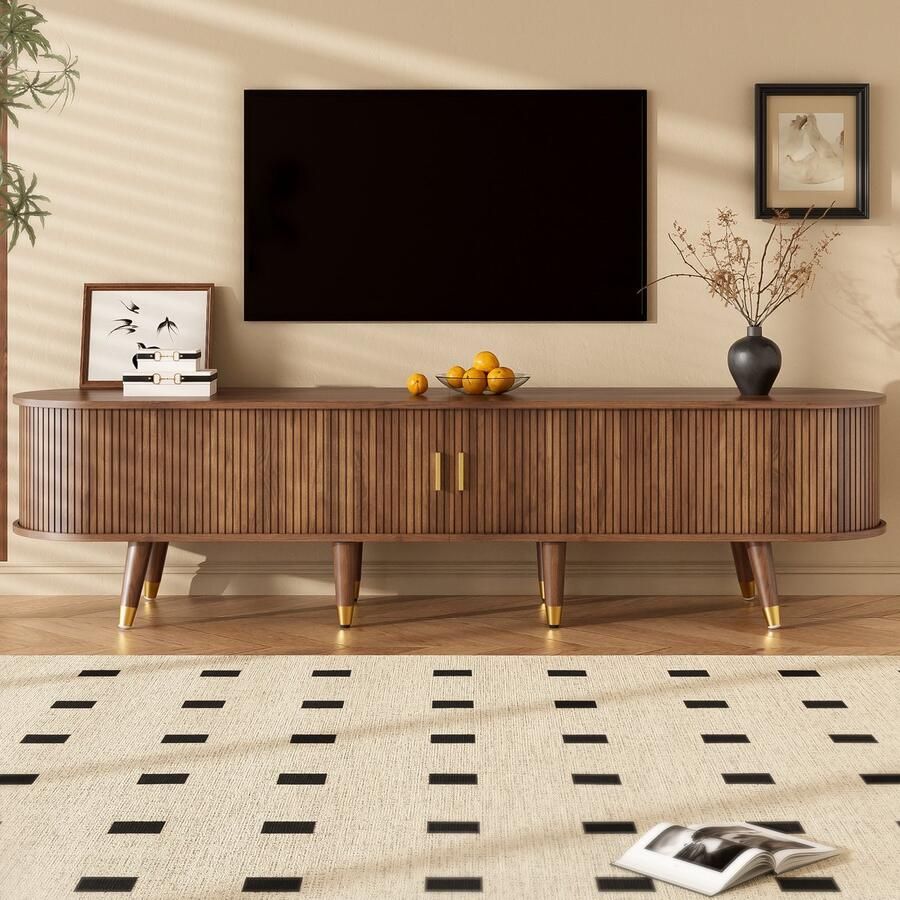 Re-purelife TV Meubel 175*38*45 cm Walnootkleur – Landelijke Stijl met Rotan Schuifdeur – TV Kast met Lades Vakken & Gouden Poten – Natuurlijk & Stevig