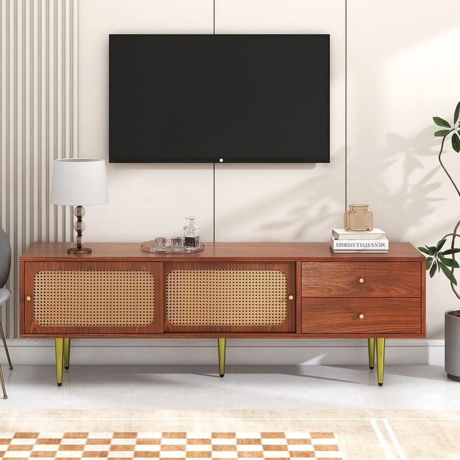 Re-purelife TV Meubel met Rotan Schuifdeuren Modern Lowboard 160x40x60 cm TV Kast Opbergkast 2 Laden & Kabelmanagement Walnut Kleur Natuurlijke en Landelijke Uitstraling Hoge en Stabiele Metalen Poten - Foto 2