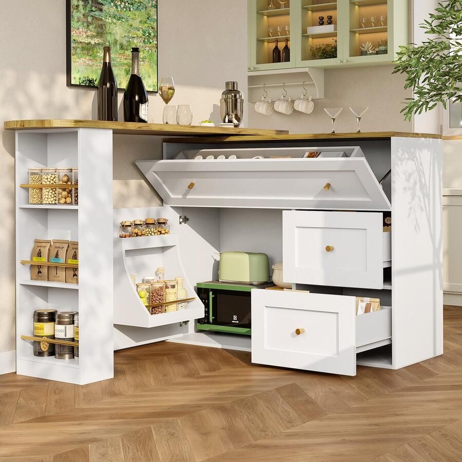 Re-purelife Uitschuifbare Bartafel 138-204×39×105cm – Hoge Tafel & Keukeneiland – Stevig MDF & Metaal – Opbergtafel met Snackrek 360° Draaiplateau & Klapdesign – Multifunctioneel Barmeubel voor Keuken Eetkamer & Woonkamer – Wit
