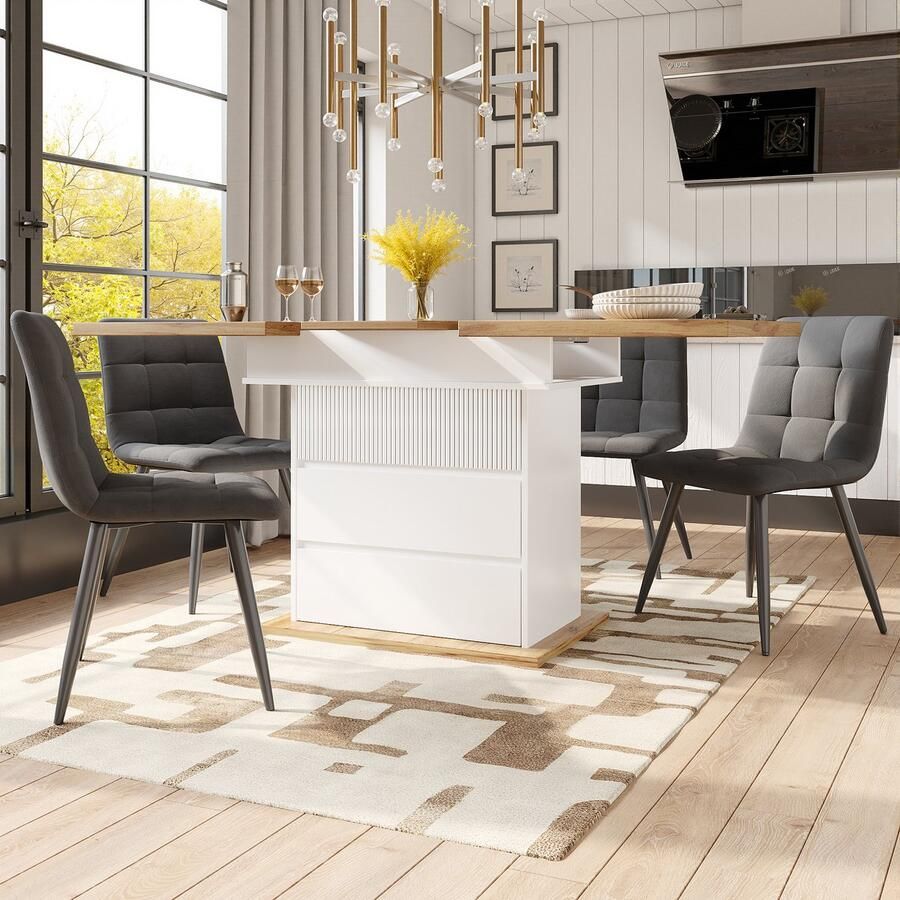 Re-purelife Uitschuifbare Eettafel 110-140x80 cm Opvouwbare Keukentafel met Opslag voor 4-6 Personenen Ruimtebesparende Schuiftafel voor Keuken en Woonkamer Wit