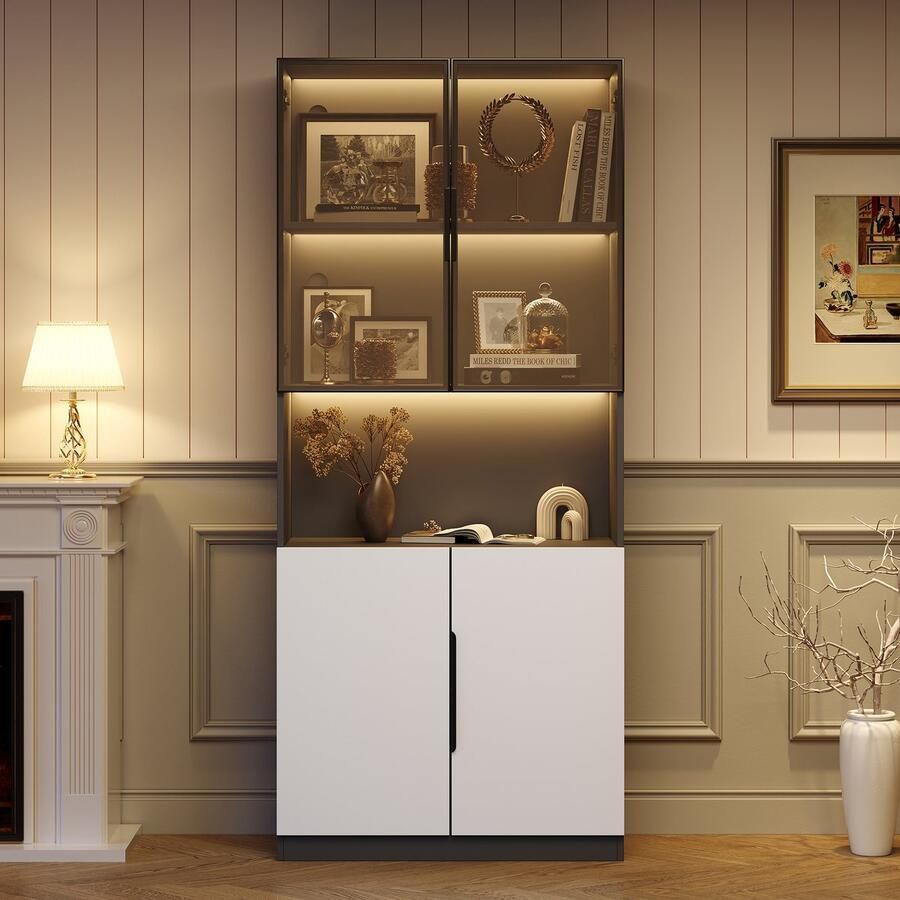 Re-purelife Vitrinekast 80x30x200 cm Wit met Zwarte Accenten – Moderne Staande Kast met Glasdeuren LED Verlichting (App & Schakelaar) Verstelbare Planken & Veel Opbergruimte – Stijlvol Design voor Woonkamer & Kantoor
