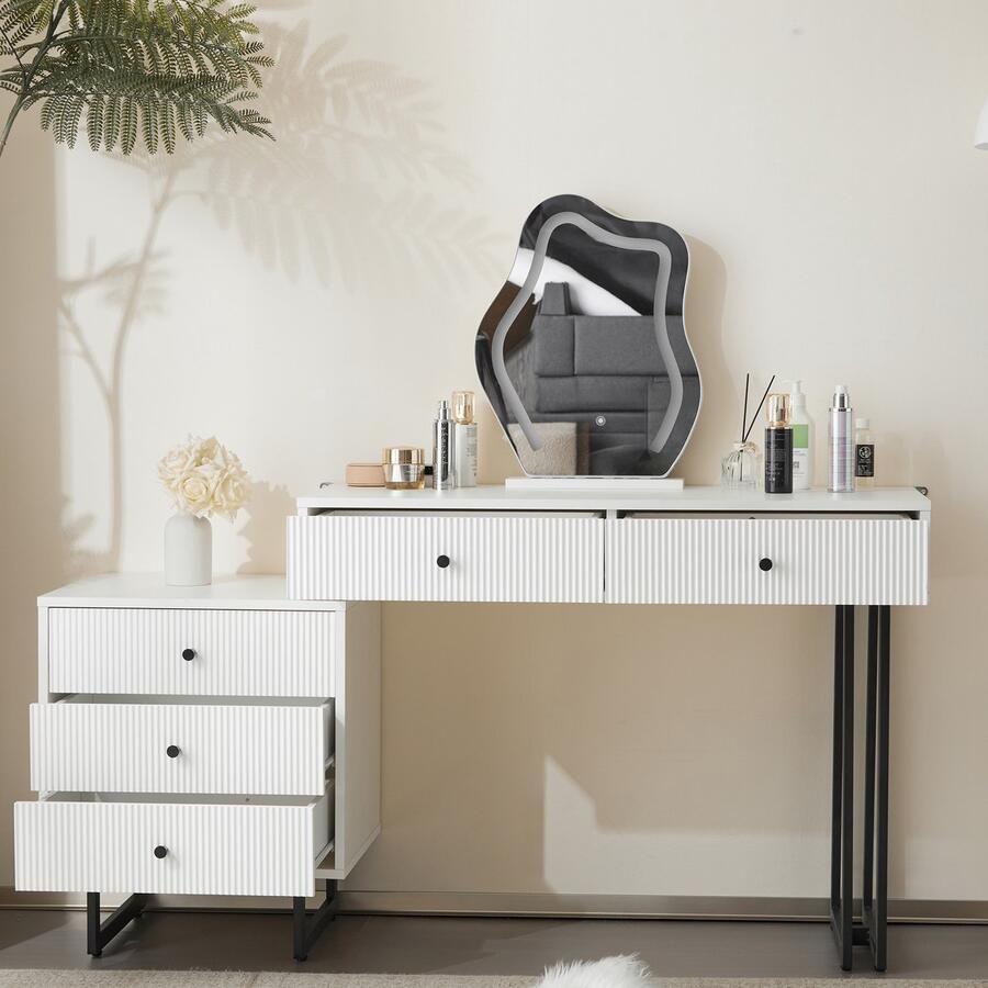 Re-purelife Witte Make-up Tafel met LED Spiegel en Uitschuifbaar Blad Moderne Kaptafel met 5 Lades en 3 Kleurstanden Schminkbureau 100x40x76 cm (BxDxH) Zonder Kruk
