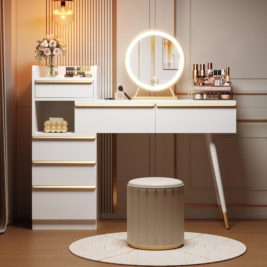 Re-purelife Witte Make-up Tafel met Uitschuifbaar Blad en LED Spiegel Kaptafel met 6 Lades en Veel Opbergruimte Gouden Handvatten Schminkbureau voor Slaapkamer 100x41.5x102 cm (BxDxH) Zonder Kruk