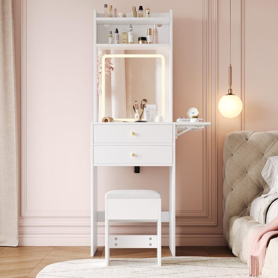 Re-purelife Witte Opklapbare Make-up Tafel Set met Spiegel LED Verlichting en Kruk Kleine Schminktafel met 2 Lades en Opbergvakken Space Saving Kaptafel 75x45x156 cm