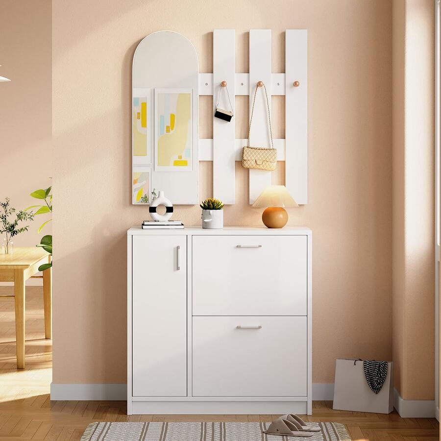 Re-purelife Witte Schoenenkast met Klapdeuren & Spiegel 80x35x180 cm – Halmeubel met Haken Opbergruimte & Moderne Garderobekast voor Kleine Ruimtes