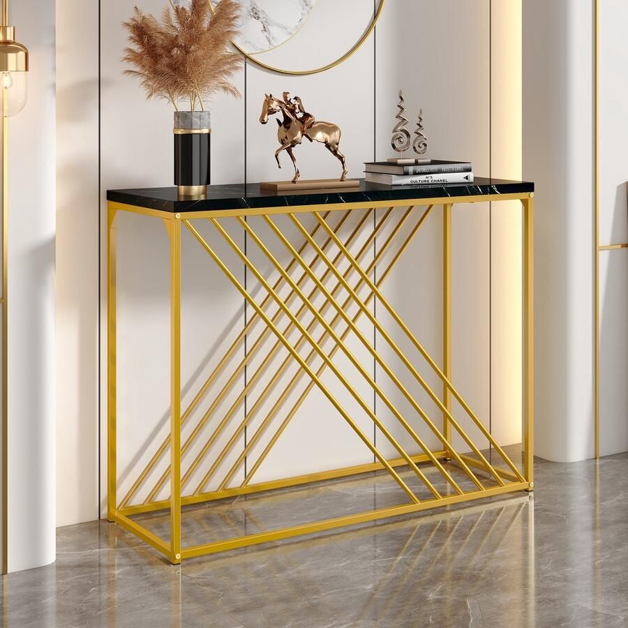 Merax 100 x 35 x 77 cm Zwarte tafel met gouden onderstel Hoogglans MDF tafel in de hal Dressoir tafel Gang tafel Dressoir Bijzettafel