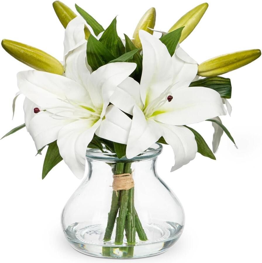 Real Touch Tijgerlelie Kunstbloemen Witte Faux Bloemen Arrangement in Glazen Vaas Nepbloemen Bulk Lelie Boeket met Faux Water Home Decor Kantoor Tafel Middenstuk